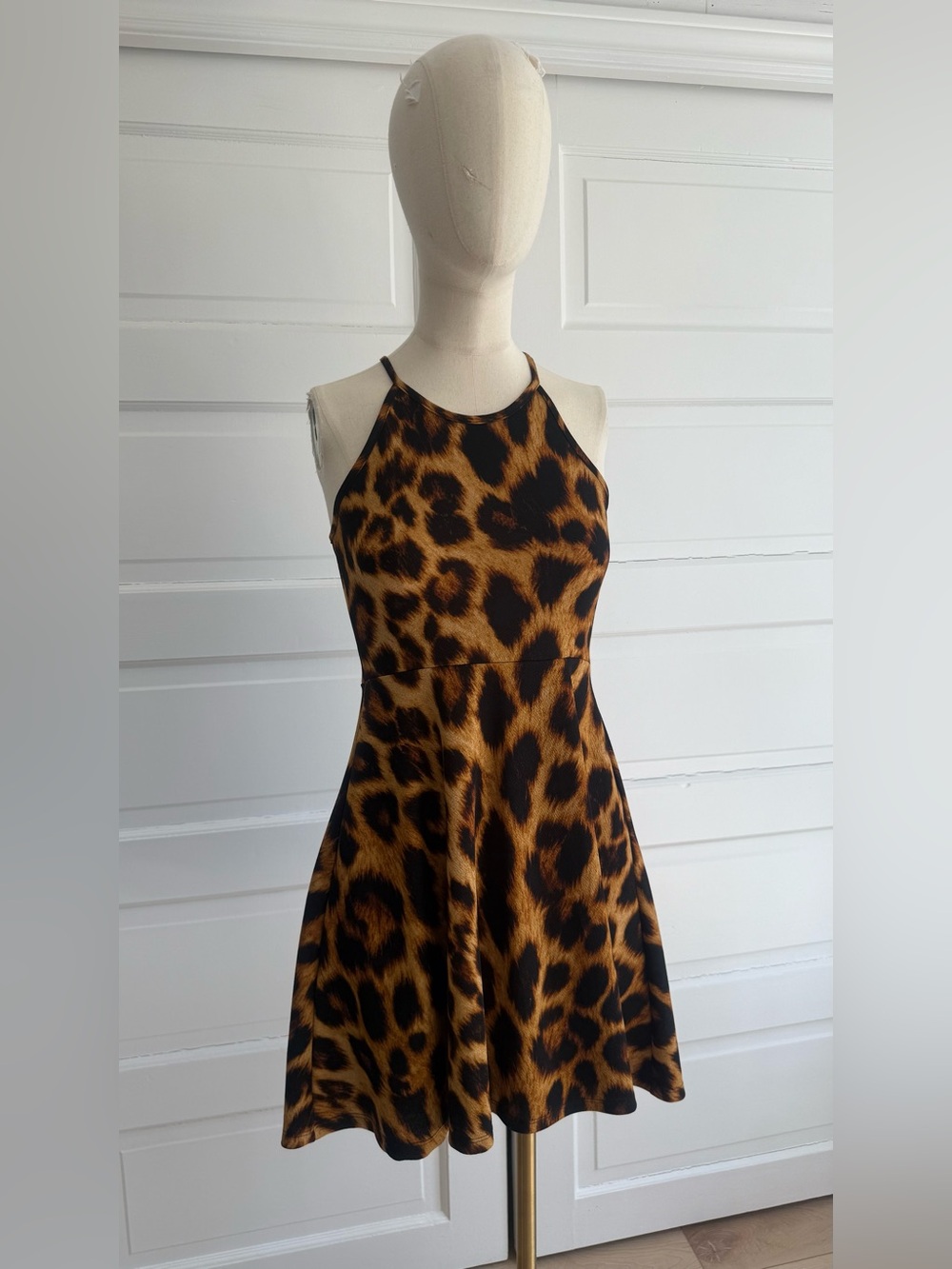 Olivia Rae Leopard Print Halter Mini Dress in Brown and Black